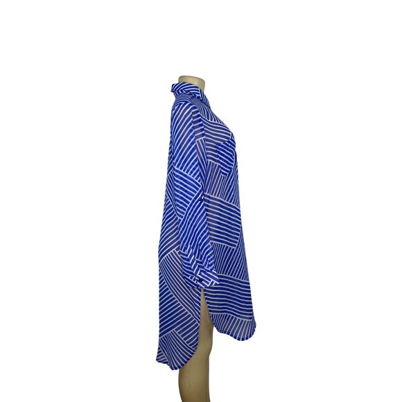 Jessica London Womens Blue & White Geometric Striped See-Through Shirt Dress Sz - Picture 2 of 6